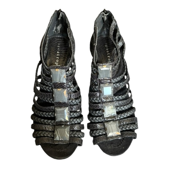 Apostrophe Black Woven Leather Strappy Heels Size 8.5 M Gray Marbleized Beads - Picture 2 of 13